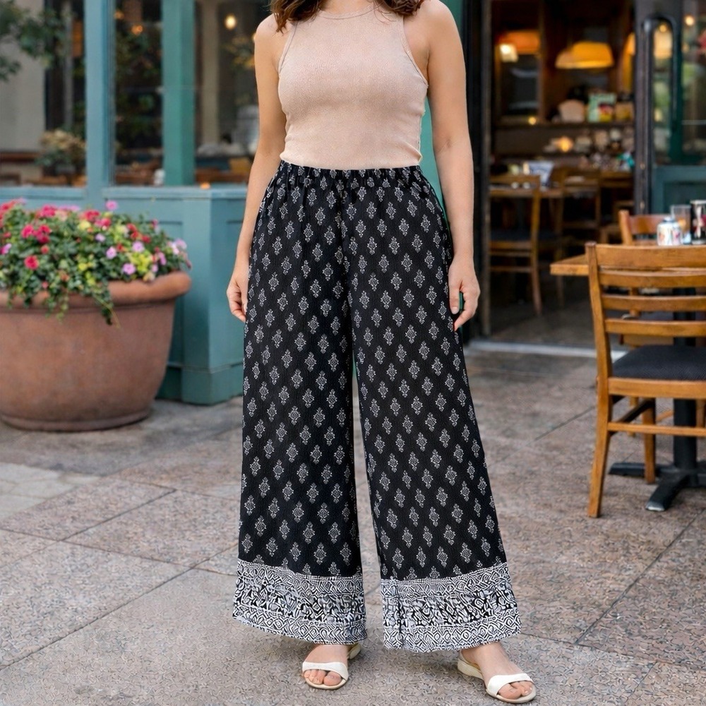 Fever Womens Wide Leg Pants Black White Damask Print Pleated Boho Trousers Large